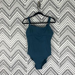 Women Athleta Blue Slimming Square Neck One Piece Swimsuit Sz L LIGHT PILLING